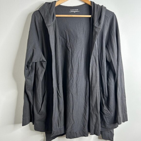 Eileen Fisher Sweaters - Eileen Fisher Cardigan Womens L Gray Hooded Open Stretch Pockets Made USA Lounge